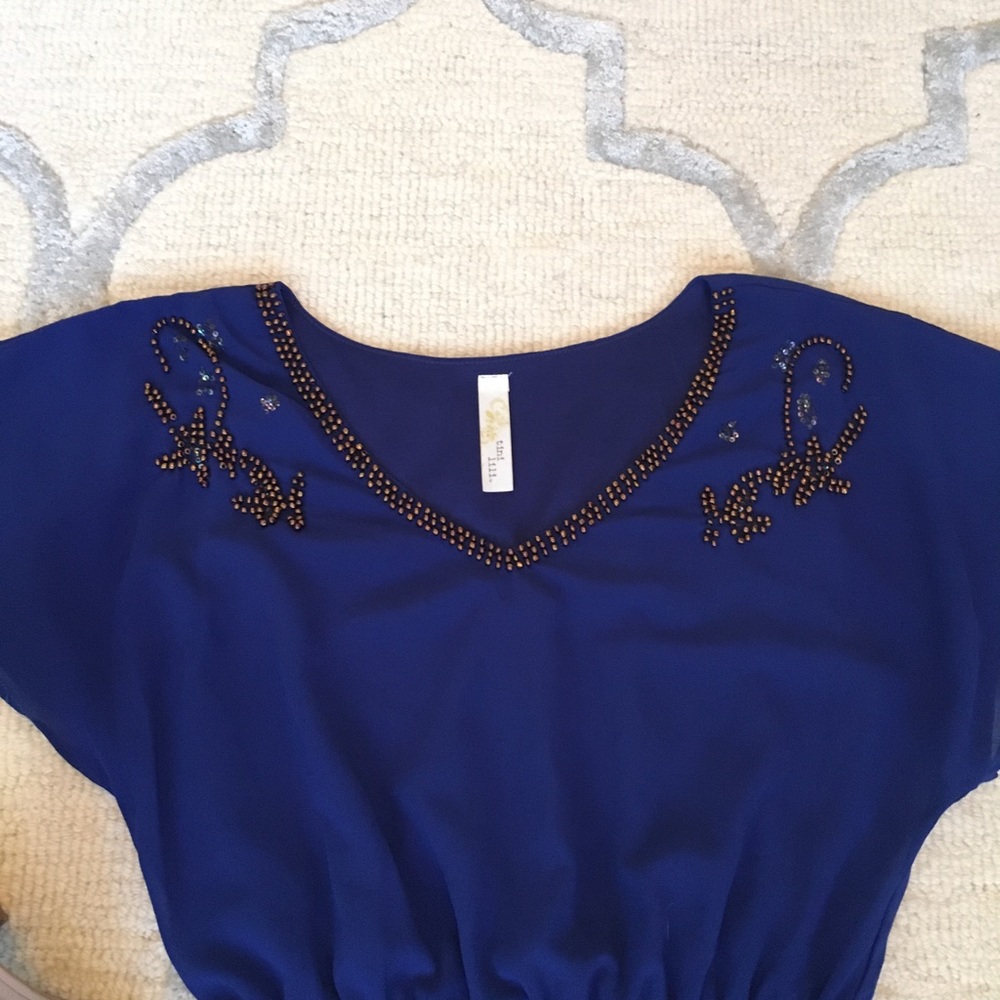 Short Sleeve Embellished Navy Dress - Picture 2 of 5